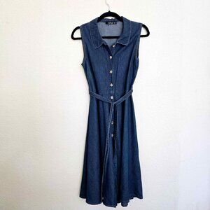 Vintage 90s Women Lightweight Denim Sleeveless Shirt Dress Belt Midi